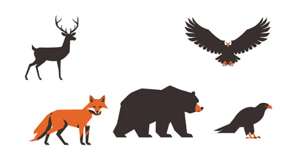 Fototapeta premium Graphical Illustration of Diverse Wildlife featuring Deer, Fox, Bear and Eagles