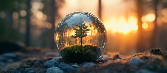 Obraz premium Tree in Glass Sphere – Environmental Conservation and Earth Protection Concept at Sunrise