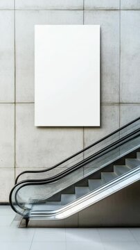 Empty white vertical rectangular posters hanging on concrete wall in metro station with escalator going up and down, providing advertising space for marketing campaigns
