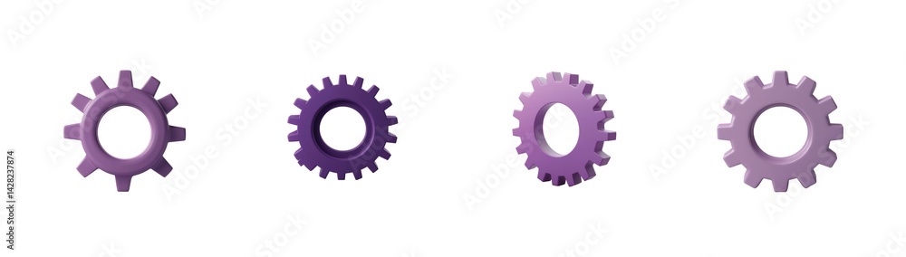 Poster purple gears aligned in a horizontal sequence with different shades and sizes visible