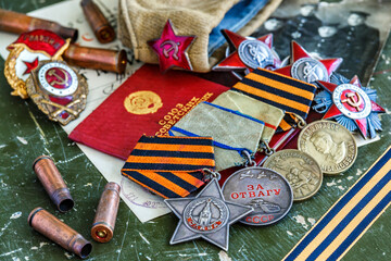 Naklejka premium Orders and medals of the USSR.Awards of the Second world war close-up.Victory Day - 9 of may 1945. Soviet military awards.Phaleristics.Antikvariat.