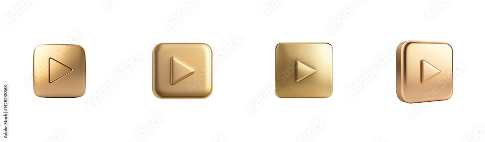 Poster set of four shiny metallic play button icons with golden hue and rounded design