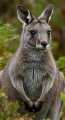 Fototapeta premium Kangaroo Standing Attentively in Natural Bushland Setting