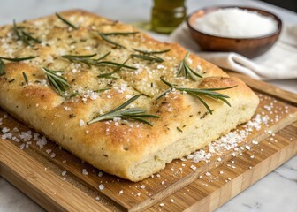 rectangular loaf of bread topped with fresh rosemary, salt, and olive oil, resting on wooden board.