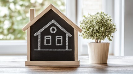 Chalkboard House with Potted Plant