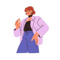 Woman in modern clothes, fashion style outfit. Young female posing in blazer, choker, accessories. Girl in stylish apparel, bob cut hairstyle. Flat vector illustration isolated on white background