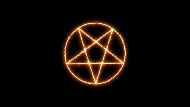 Mystical bright neon fire effect pentacle or inverted pentagram in circle on black background. Five pointed star.