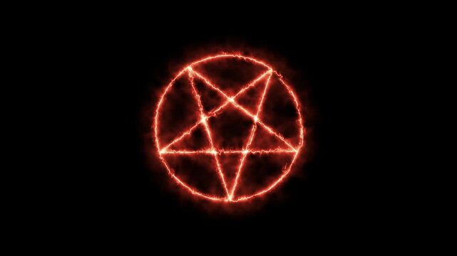 Mystical bright neon fire effect pentacle or inverted pentagram in circle on black background. Five pointed star.