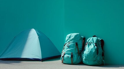 Camping gear set up near a vibrant blue wall with two backpacks and a tent waiting for adventure