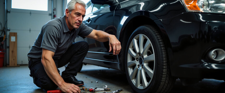 Contemplative elderly mechanic fixing car tire in urban garage, resilience