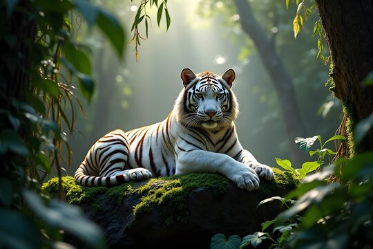 Majestic White Tiger in Lush Habitat: A serene white tiger rests gracefully upon a moss-covered stone, immersed in a verdant, sun-dappled tropical paradise. It exudes power and tranquility. - Powered by Adobe