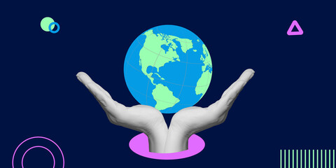 Hands holding the Earth, symbolizing care and responsibility for our planet. Sustainability, ecology, or global unity. Minimalistic art collage