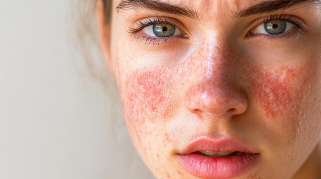 Close-up portrait of a woman's face with red blotches.