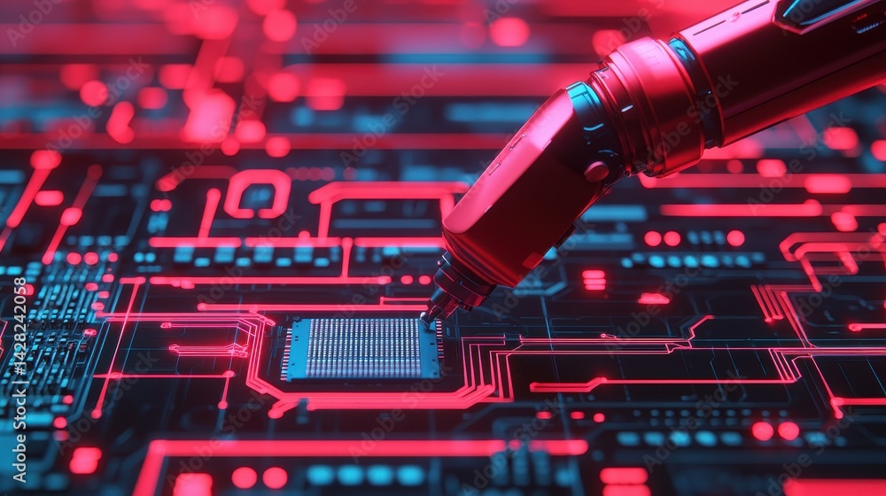 Poster robotic arm assembling microchip on computer circuit board in neon red light technology concept