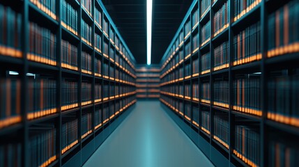 Fototapeta premium Vast Library Aisle with Luminous Shelves Filled with Books in a Modern, Well-Lit Space