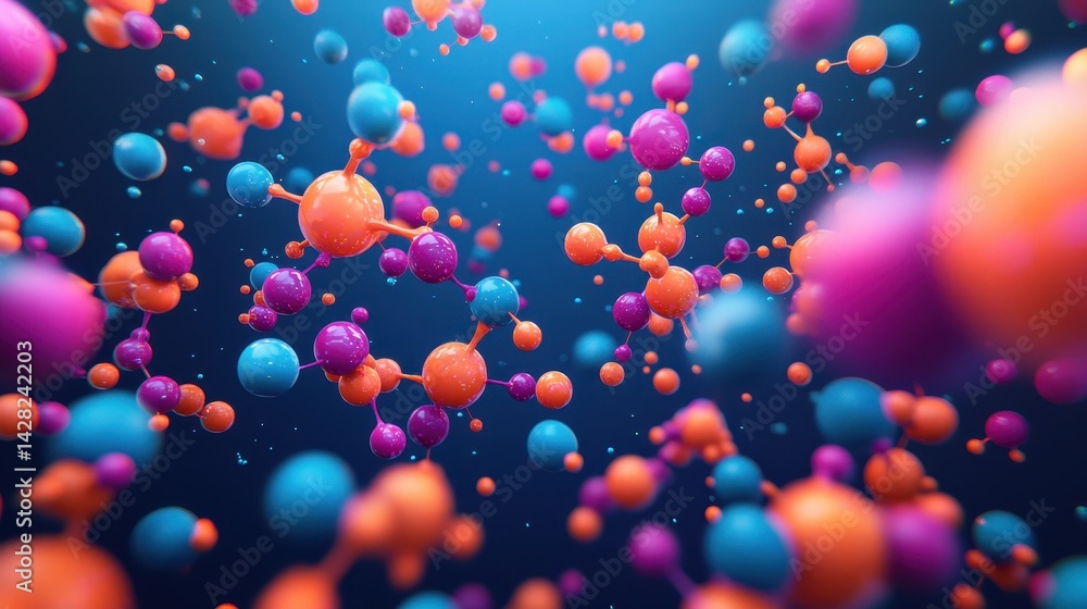 Poster vibrant abstract representation of molecules in vivid colors and dynamic motion in a natural environ