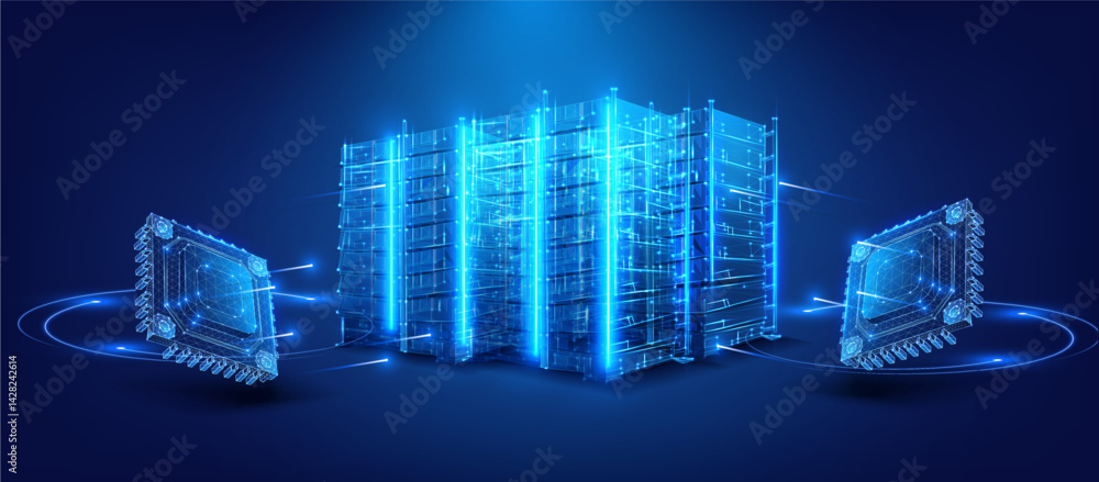 Aufkleber Vector illustration of glowing blue wireframe data-center racks linked to two microchips, futuristic neon HUD scene symbolizing high-performance AI computing, cloud storage and digital infrastructure.