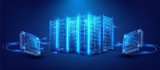 Vector illustration of glowing blue wireframe data-center racks linked to two microchips, futuristic neon HUD scene symbolizing high-performance AI computing, cloud storage and digital infrastructure.