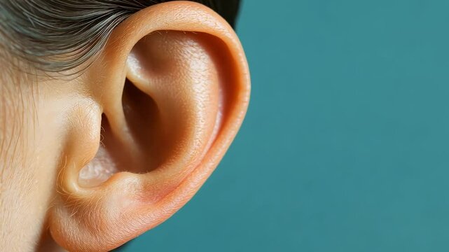 Woman's ear showcasing delicate anatomical details, highlighting hearing health against vibrant turquoise background, presenting multiple perspectives of human auditory system