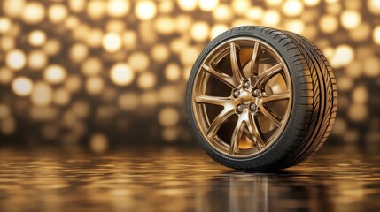 Obraz premium A low-profile tire and rim placed over a soft metallic bronze and gold backdrop