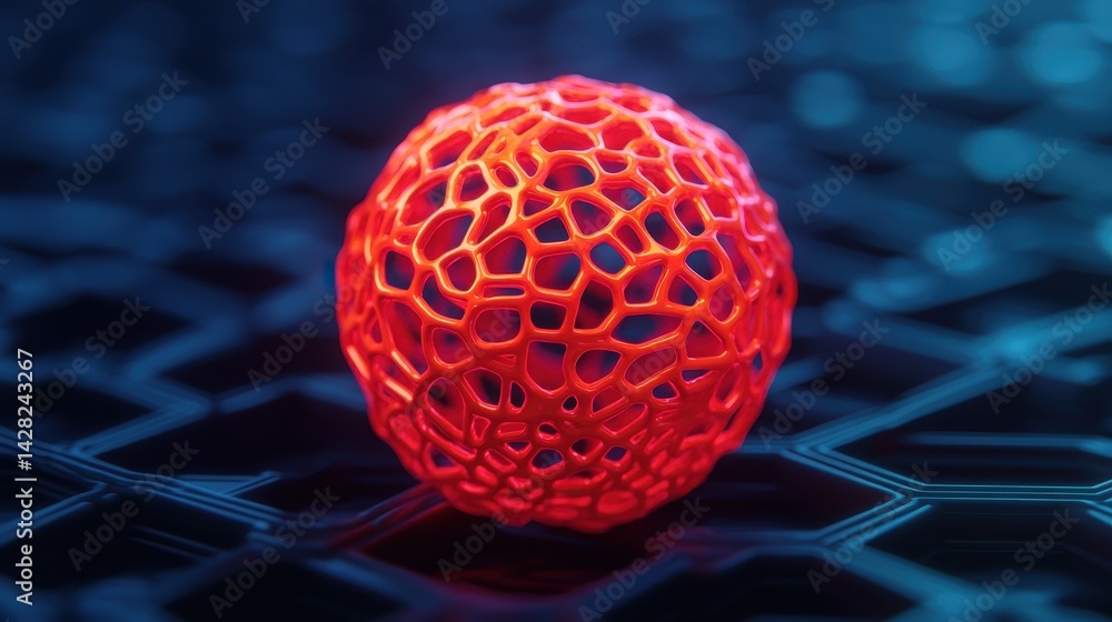 Poster red abstract sphere on dark background, creative artistic representation of geometry and digital des