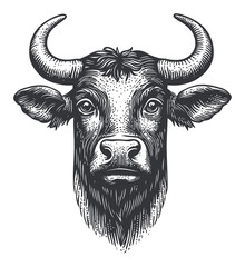 Naklejka premium Black and White Hand Drawn Bull Head in Vintage Linocut Style