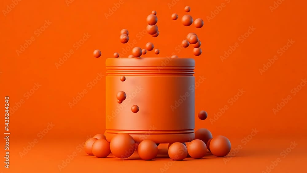 Poster vibrant orange container with floating spheres and eggs on a dynamic orange background