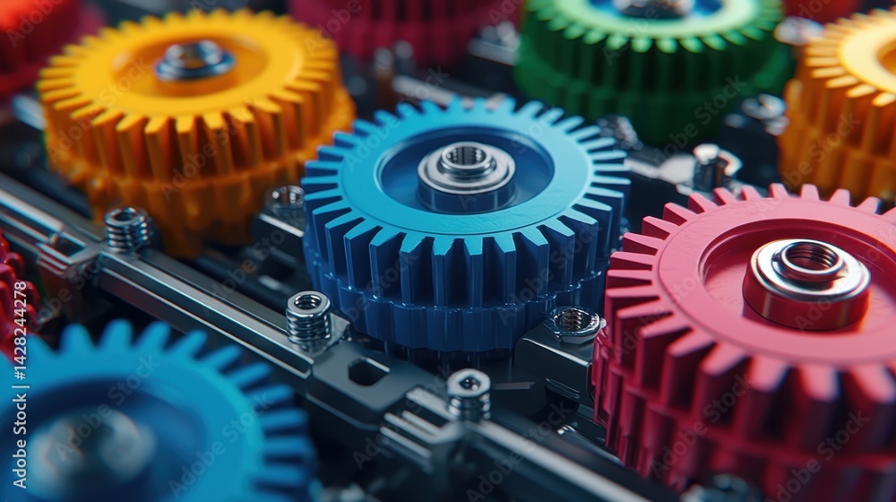 Poster close-up view of colorful mechanical gears in a machinery system with various bright colors and text