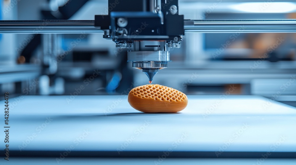 Poster 3D Printer Creating Intricate Orange Object on Modern Printing Platform in High-Tech Workshop