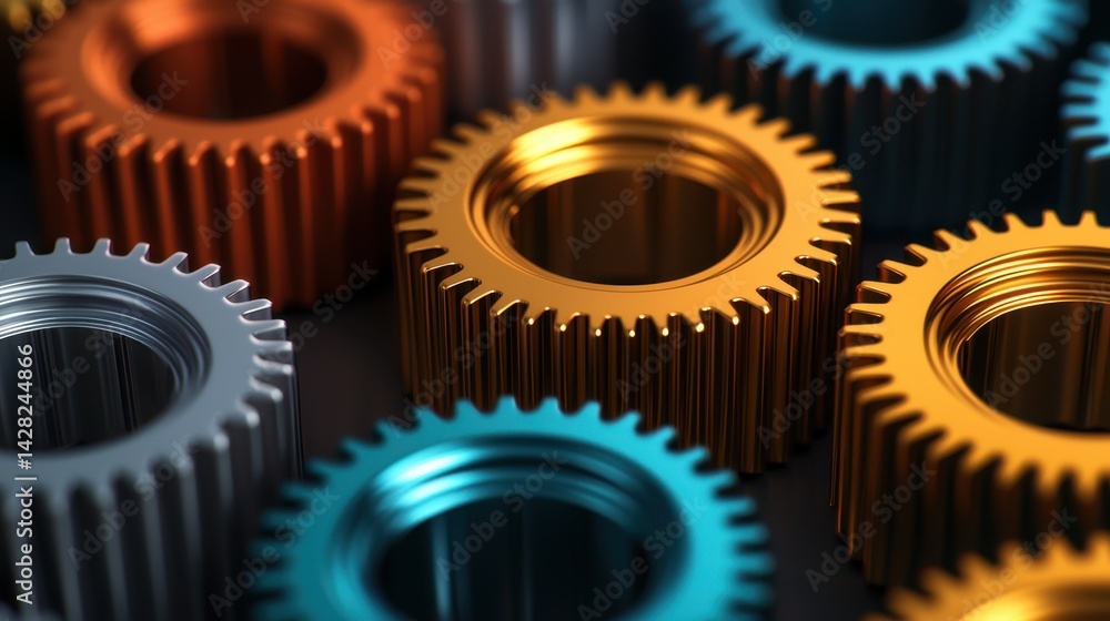 Poster colorful gears in various metals displaying intricate designs and textures on a dark background