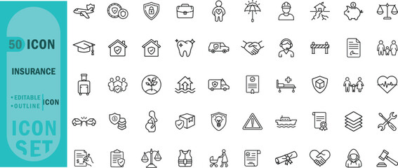 Insurance editable outline icon set. Protection health family legal security safety and more.