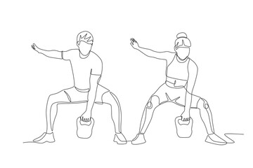 Personal training provides directions for squat movements with kettlebells. Personal training concept one-line drawing
