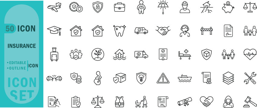 Insurance editable outline icon set. Protection health family legal security safety and more.