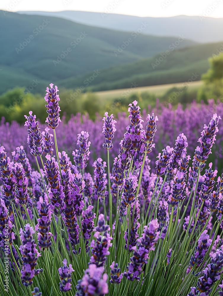 Poster lavender fields in bloom with mountains in the background generative ai