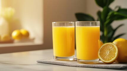 Freshly Squeezed Lemonade in Clear Glasses Placed on a Soft Cloth with Slices of Lemon and Green Plant Decor