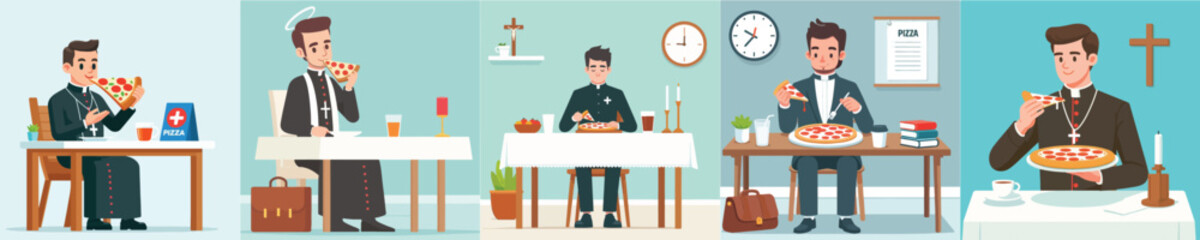 vector priest eating pizza at the table