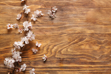 Beautiful blooming branch and flowers on wooden background