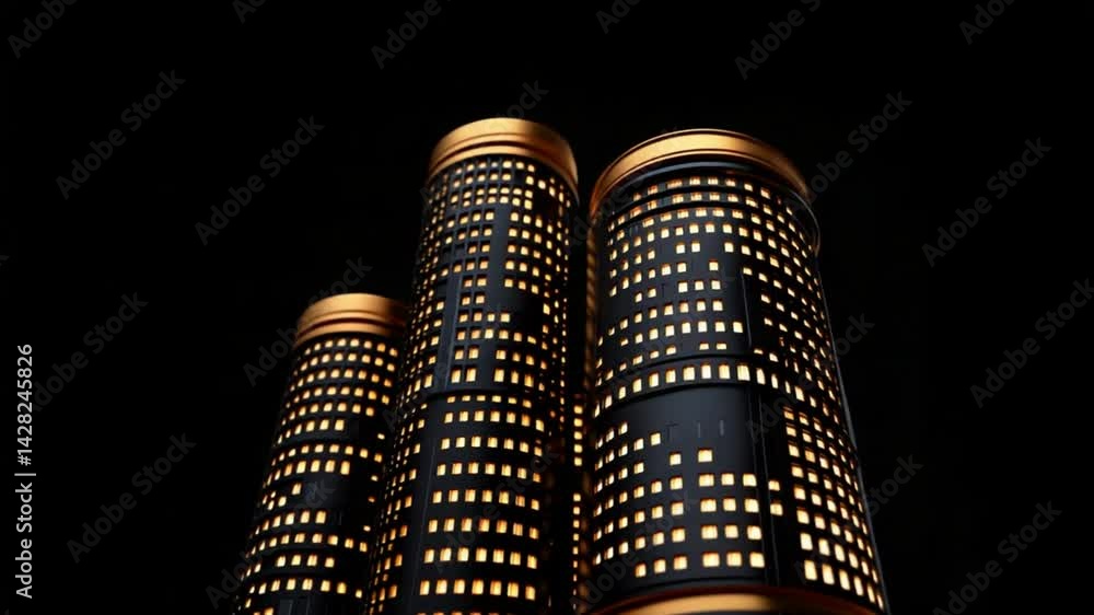 Poster modern skyscrapers with illuminated windows against a dark background showcasing urban architecture 