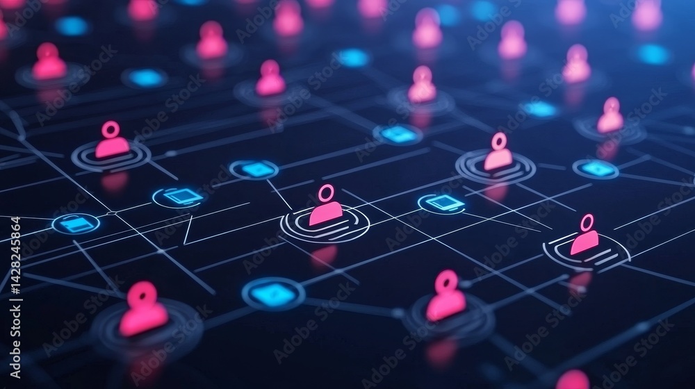 Poster digital network with pink icons representing connections and data flow.