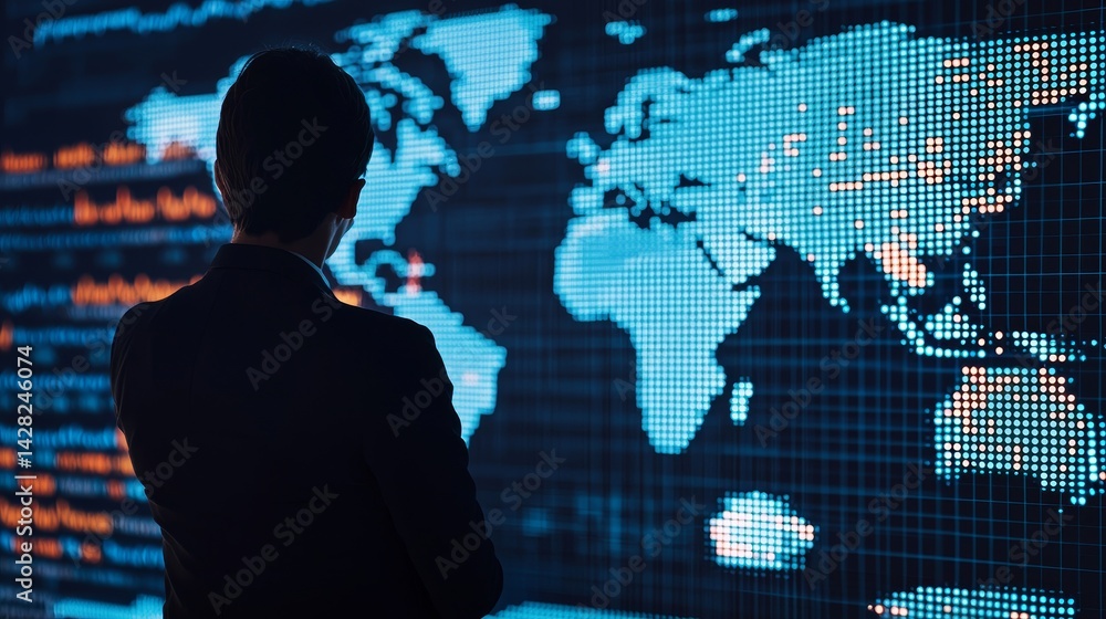 Poster business professional analyzing global data on a digital map display.