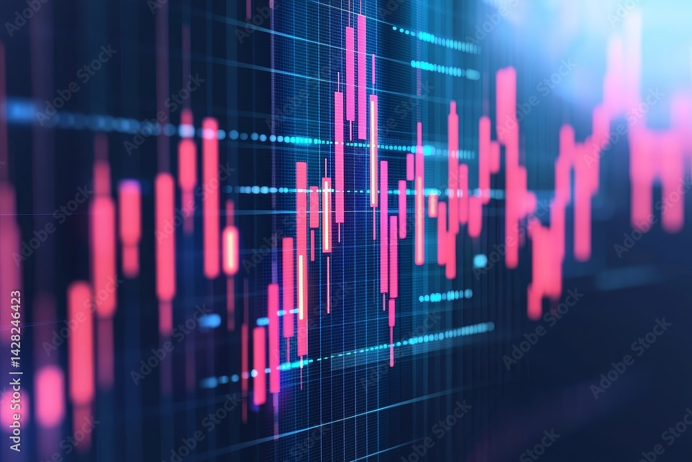 Poster financial market data visualization with colorful graphs and charts.