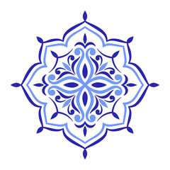 Fototapeta premium Blue floral motif on white background. Traditional ethnic Portuguese, Moroccan, Spanish ornament, mosaic design. Vector illustration