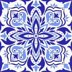 Mosaic tile, blue seamless pattern. Spanish, Portuguese, Moroccan, Mexican traditional ornament. Floral design with ethnic motifs for ceramic. Vector illustration