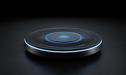 Futuristic disc, glowing blue, dark background, technology concept, website banner