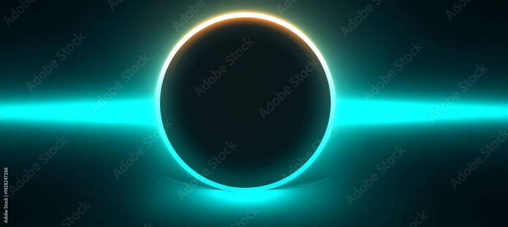 Poster neon blue circle glow on dark background. abstract background with geometric shape and light effect.