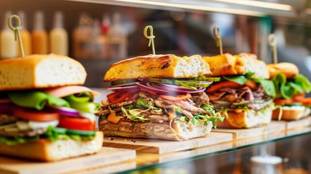Delicious gourmet sandwiches stacked with fresh ingredients, served in a cozy cafe setting.