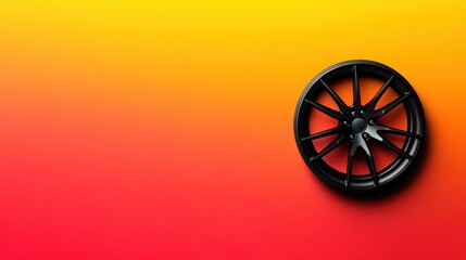 Glossy black alloy wheel placed on a vivid orange and red gradient backdrop