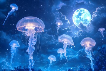 Floating jellyfish in a fantastical nighttime sky Generative AI