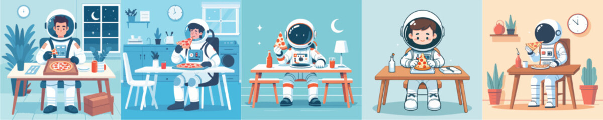 astronaut vector eating pizza on the table