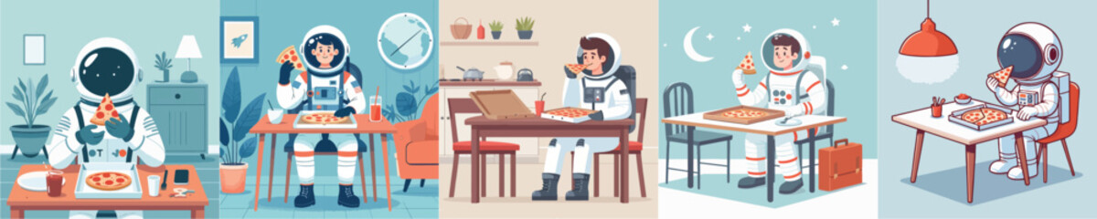 astronaut vector eating pizza on the table